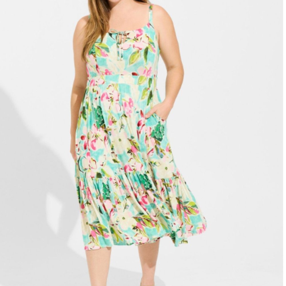 Torrid Midi Supersoft Tiered Tie Front Dress Vacay Blue 0